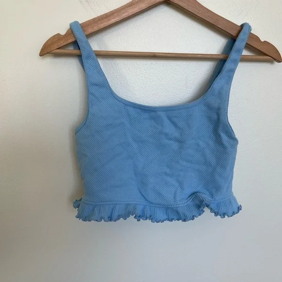 Zara Cropped Tank Top Ruffle Trim Ribbed Blue - Picture 3 of 6